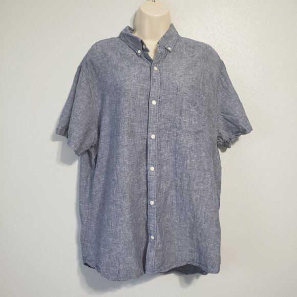Gap Mens Linen Blend Button Up Shirt XL Slim Fit Blue Short Sleeve Chambray - Picture 11 of 12